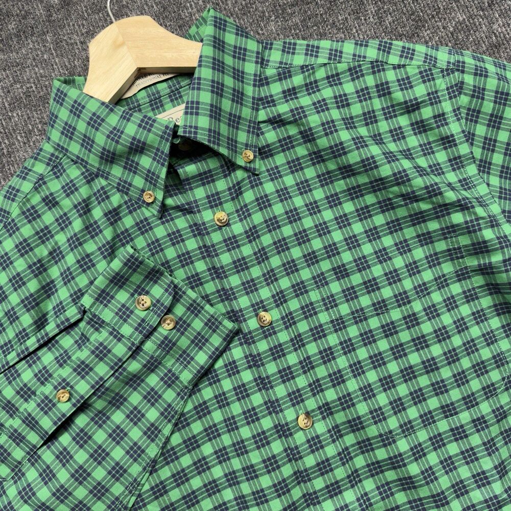 LL Bean Shirt Men M Green Plaid Wrinkle Resistant Button Down Traditional Cotton